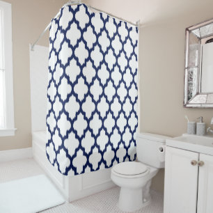 Navy-Blue Quatrefoil Ikat Geometric Pattern Shower Curtain