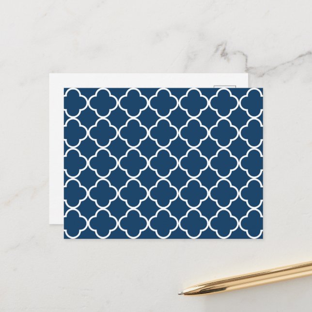 Navy Blue Quatrefoil, Latticework, Trellis Postcard (Front/Back In Situ)