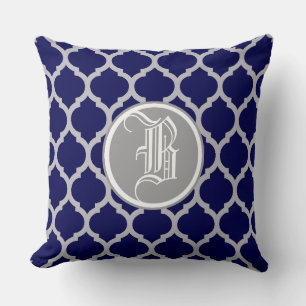 Navy Blue Quatrefoil Pattern Monogram Cushion