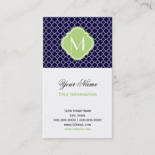 Navy Blue Quatrefoil Pattern with Monogram Business Card