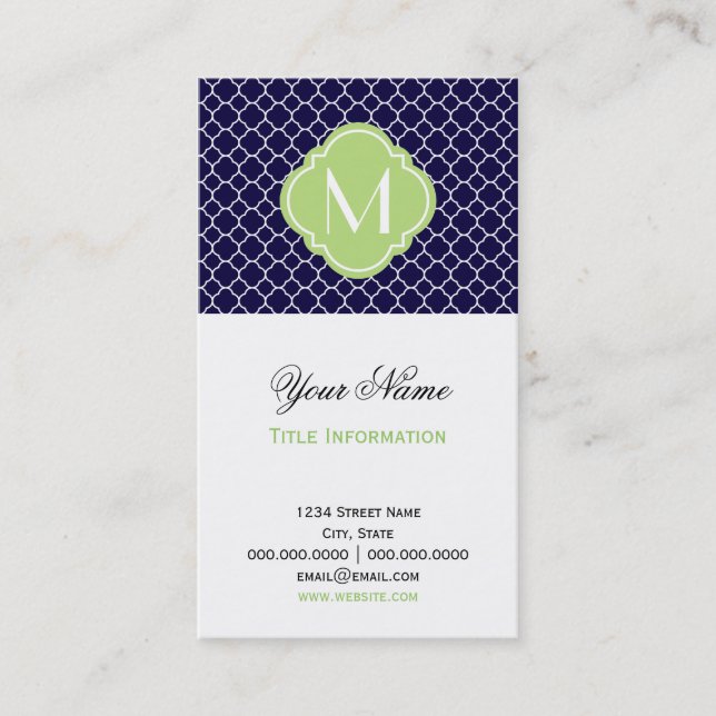 Navy Blue Quatrefoil Pattern with Monogram Business Card (Front)