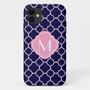 Navy Blue Quatrefoil Pattern with Monogram iPhone 11 Case