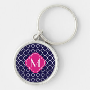 Navy Blue Quatrefoil Pattern with Monogram Key Ring