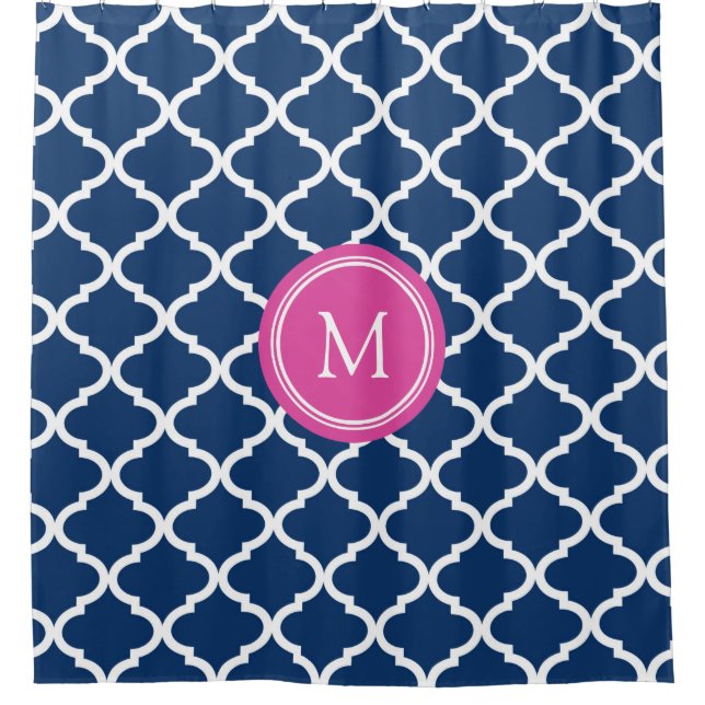 Navy Blue Quatrefoil Pink Monogram Shower Curtain (Front)
