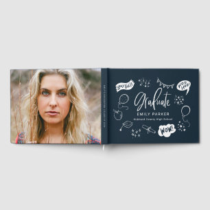 Navy Blue Quirky Doodle Graduation Party Photo Guest Book