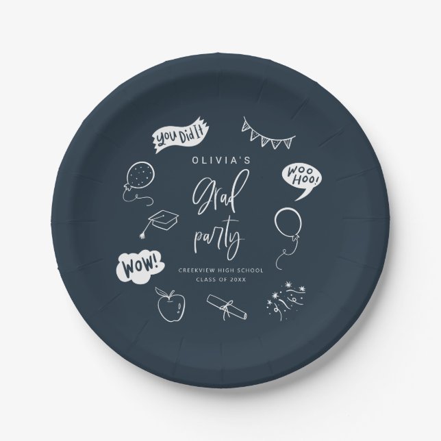 Navy Blue Quirky Grad Icons Graduation Party Paper Plate (Front)