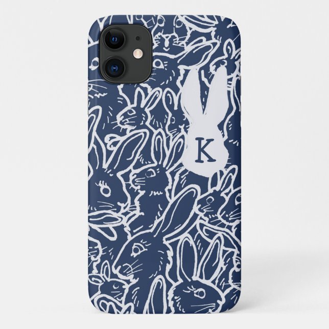 Navy Blue Rabbit Bunny Drawing Modern Monogram Fun Case-Mate iPhone Case (Back)