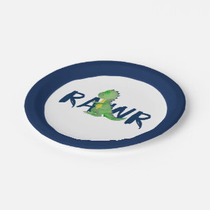 Navy Blue "RAWR" Green Dinosaur Party Paper Plate