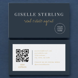Navy Blue Real Estate Agent Logo QR Code Business Card