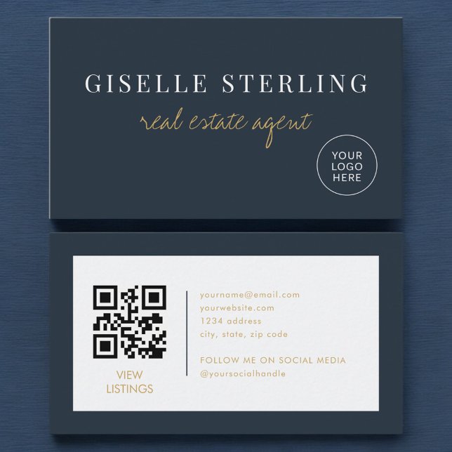 Navy Blue Real Estate Agent Logo QR Code Business Card (Creator Uploaded)