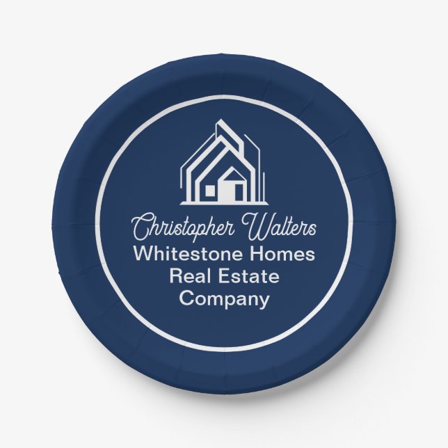 Navy Blue Real Estate Company Custom Realtor Party Paper Plate (Front)