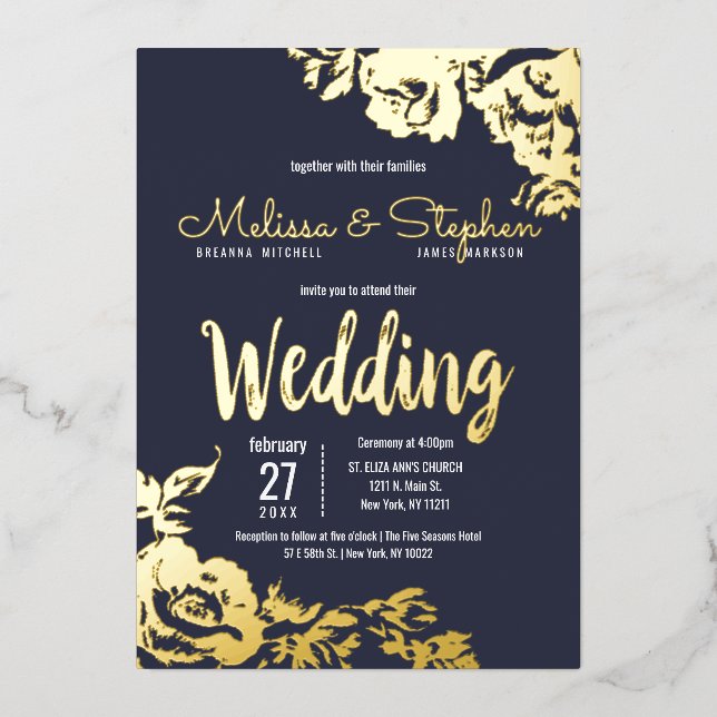 Navy Blue Real Gold Floral Wedding (Front)
