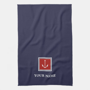 Navy Blue Red Anchor Personalised Kitchen Towels