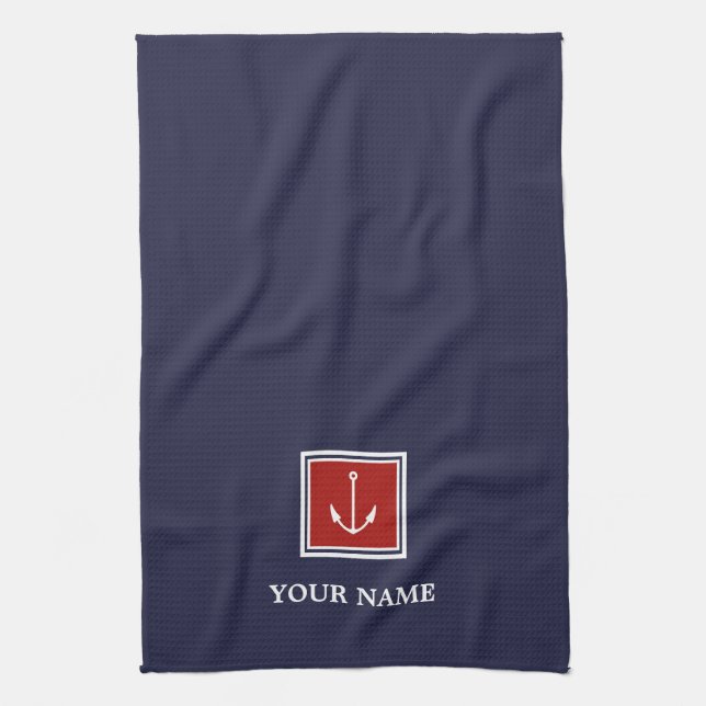 Navy Blue Red Anchor Personalised Kitchen Towels (Vertical)