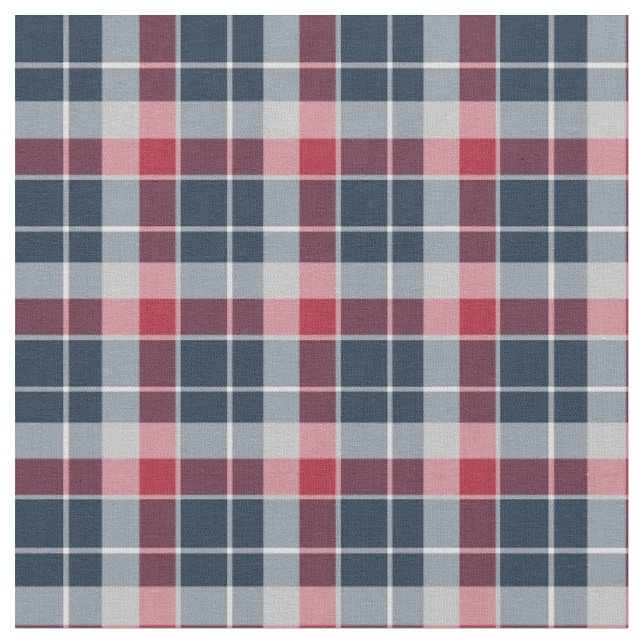 Navy Blue, Red and Grey Sporty Plaid Fabric (Close Up)
