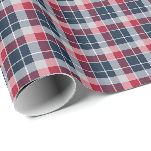 Navy Blue, Red and Grey Sporty Plaid Wrapping Paper (Roll Corner)