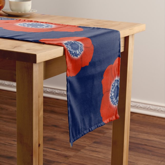 Navy Blue & Red Anemones Short Table Runner (In Situ)