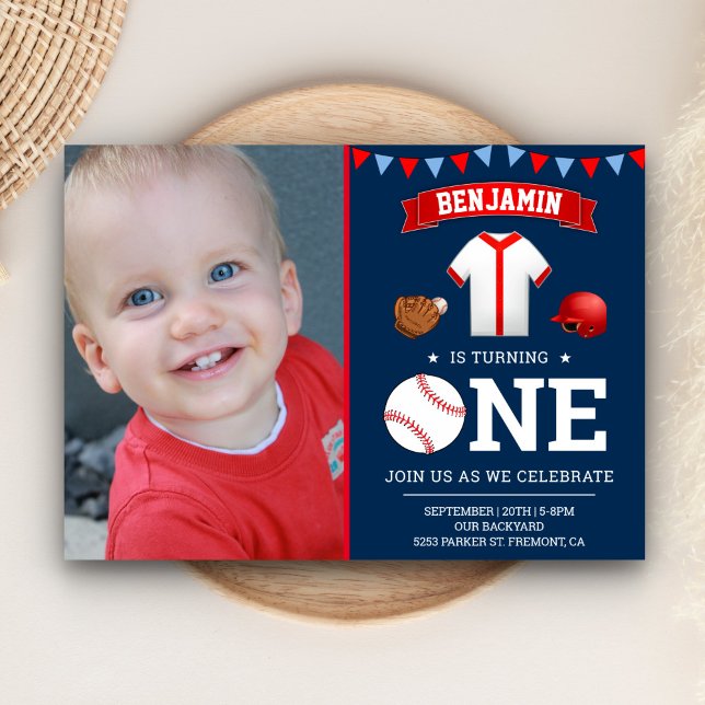 Navy Blue Red Baseball First Birthday Party Photo Invitation (Creator Uploaded)