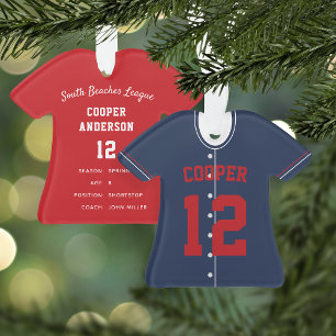 Navy Blue & Red Baseball Jersey Player Stats Ornament