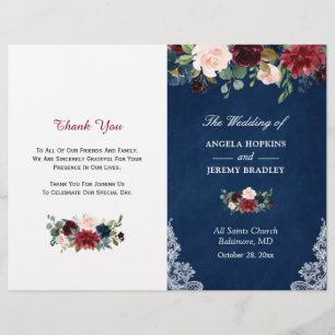 Navy Blue Red Blush Floral Folded Wedding Program