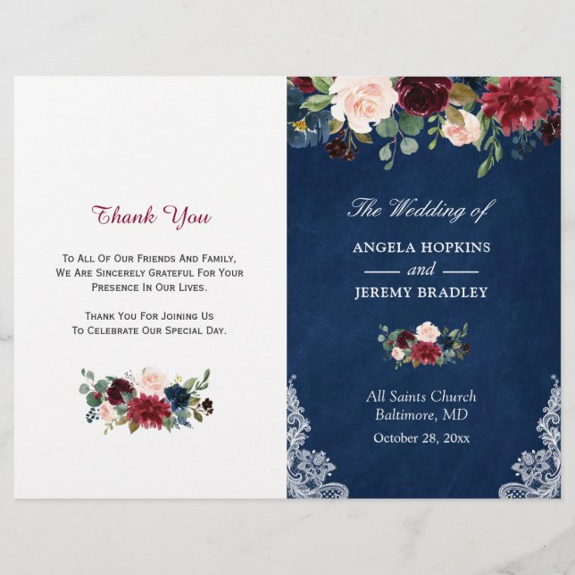 Navy Blue Red Blush Floral Folded Wedding Program (Front)