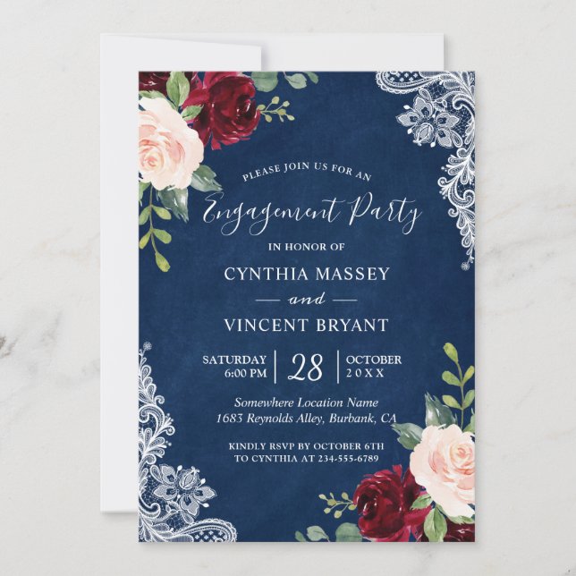 Navy Blue Red Blush Floral Lace Engagement Party Invitation (Front)