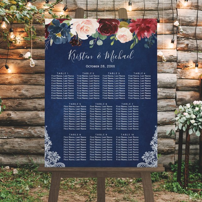 Navy Blue Red Blush Floral Wedding Seating Chart (Creator Uploaded)