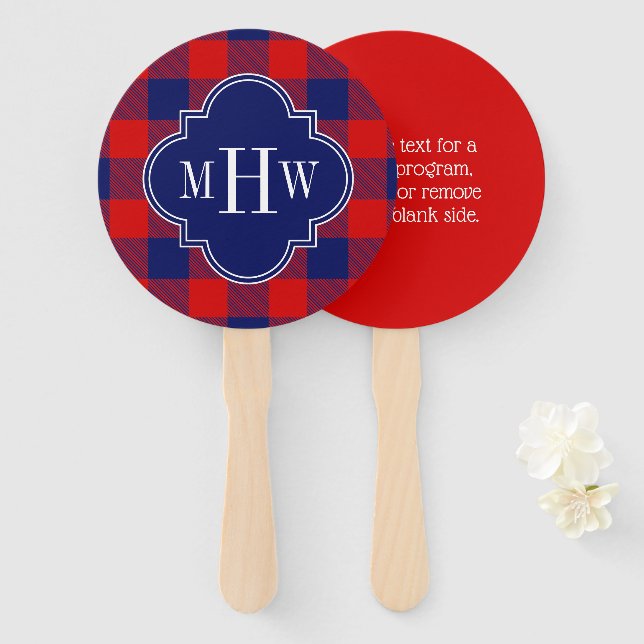Navy Blue Red Buffalo Plaid DIY BG 3I Monogram Hand Fan (Front and Back)