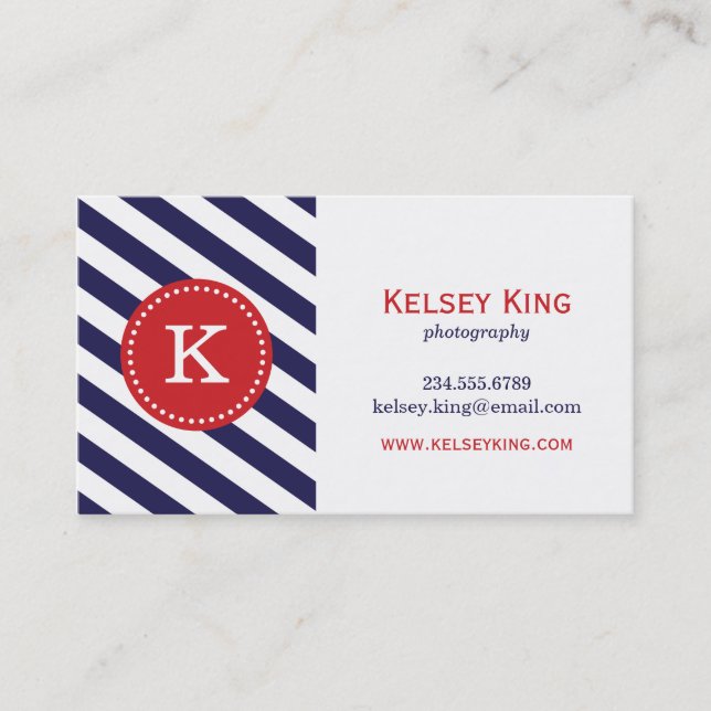 Navy Blue & Red Chevron Stripes Monogram Business Card (Front)
