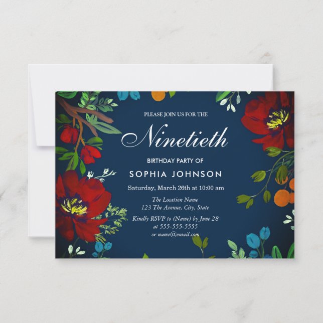 Navy Blue Red Colourful Flowers 90th Birthday Invitation (Front)