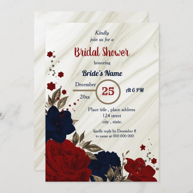 navy blue & red floral bridal shower invitation (Front/Back)