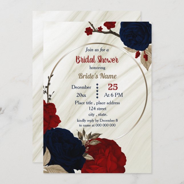 navy blue & red floral geometric bridal shower inv invitation (Front/Back)