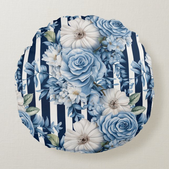 Navy Blue Red Floral Stripes Round Cushion (Front)