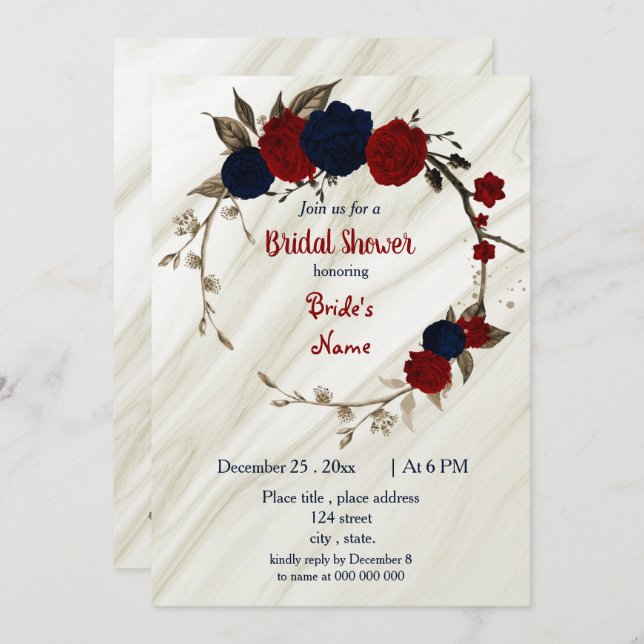 navy blue & red floral wreath bridal shower invitation (Front/Back)