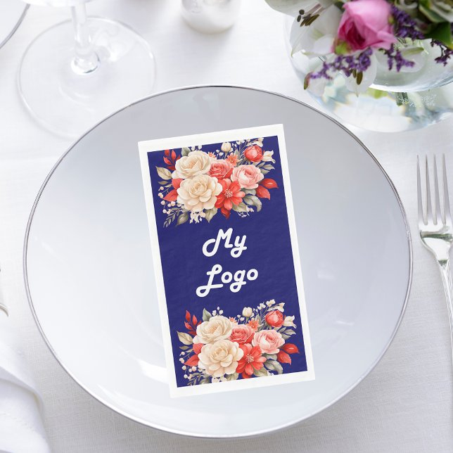 Navy blue red ivory florals business logo napkin (Creator Uploaded)