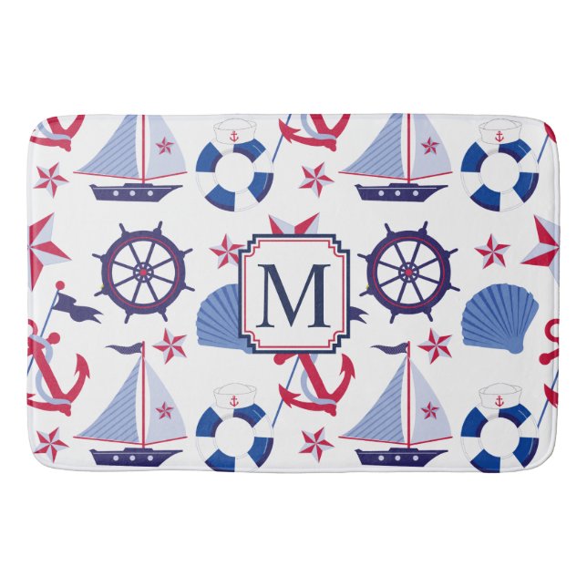 Navy Blue Red Nautical Monogram Bath Mat (Front)