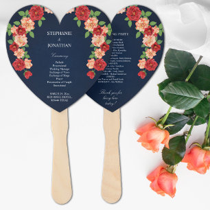 Navy Blue Red Orange Rose Wedding Ceremony Program Hand Fan