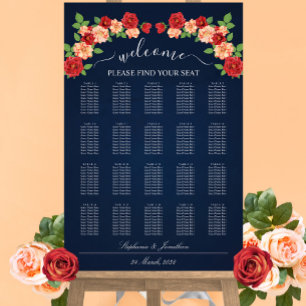 Navy Blue Red & Orange Roses Wedding Seating Chart
