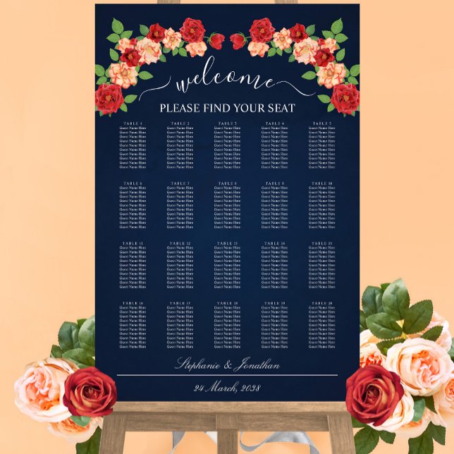 Navy Blue Red & Orange Roses Wedding Seating Chart (Navy Blue Red & Orange Roses Wedding Seating Chart)