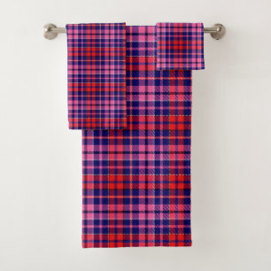 Navy Blue Red Pink Plaid Tartan Design Bath Towel Set