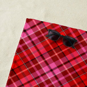 Navy Blue Red Pink Plaid Tartan Design  Beach Towel