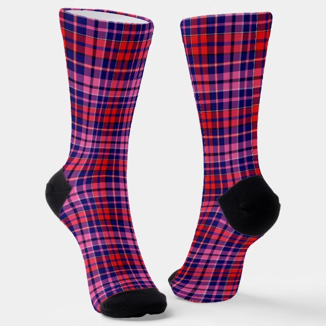 Navy Blue Red Pink Plaid Tartan Design  Socks (Angled)