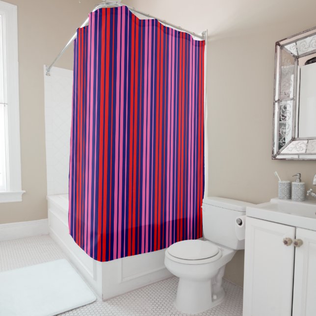 Navy Blue Red Pink Vertical Stripes Design   Shower Curtain (In Situ)