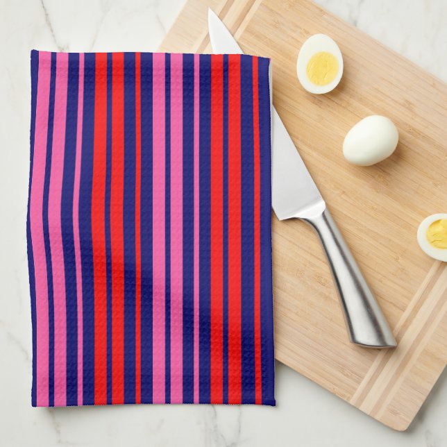 Navy Blue Red Pink Vertical Stripes Design   Tea Towel (Quarter Fold)