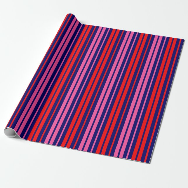 Navy Blue Red Pink Vertical Stripes Design   Wrapping Paper (Unrolled)