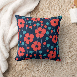 Navy Blue Red Poppy Seamless Floral Print Cushion