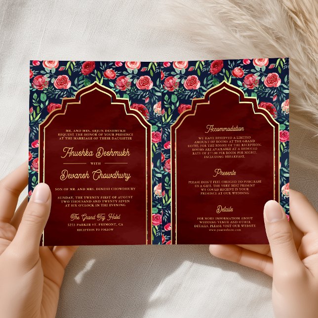 Navy Blue Red Roses Floral Gold Indian Wedding Invitation (Creator Uploaded)