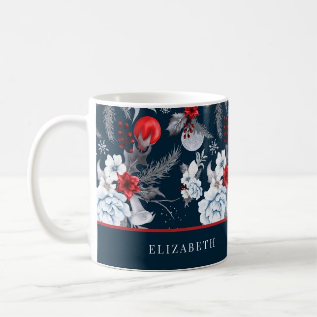 Navy Blue Red Silver Foliage Holiday Coffee Mug (Left)