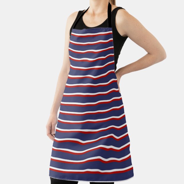 Navy Blue Red Stripe Pattern Apron (Insitu)