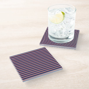 Navy Blue Red Stripe Pattern Glass Coaster